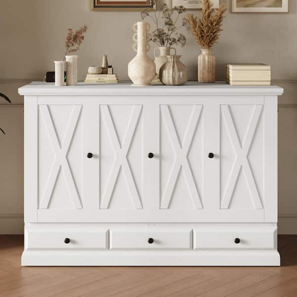 White Wood Frame Queen Size Murphy Bed, Chest Cube Cabinet Bed with Charging Station and Large Storage Drawer