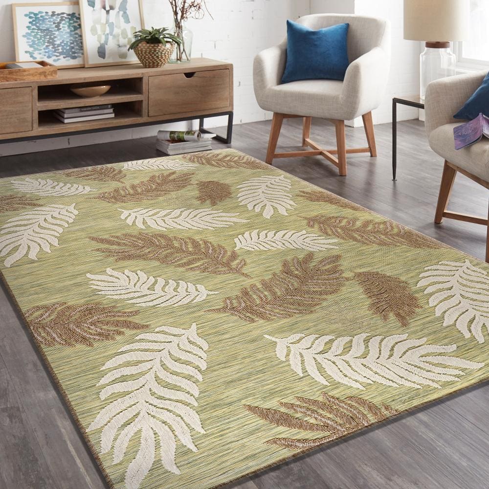 Clove Green and Beige Synthetic Palm Fronds 8' x 10' Area Rug