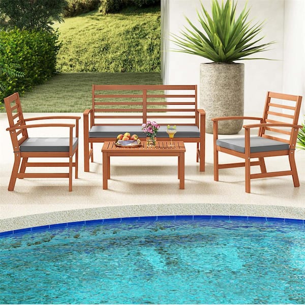 Costway 4-Piece Wicker Patio Conversation Set with Grey Cushions and Stable Acacia Wood Frame