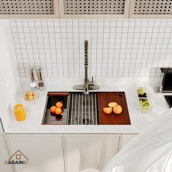 Stainless Steel Sink 30 in. Single Bowl Undermount Workstation Kitchen Sink with Brushed Nickel Faucet and Accessories