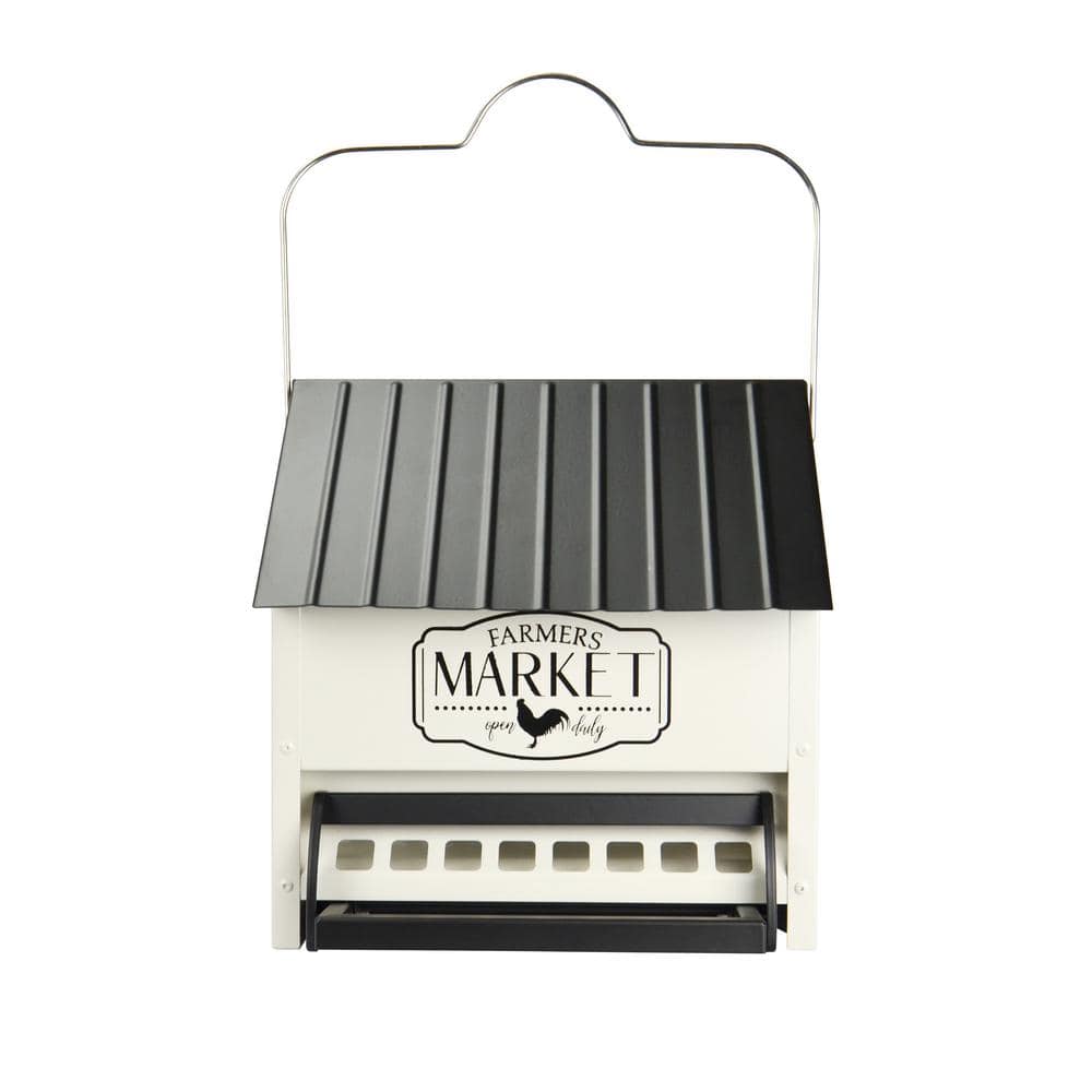 White and Black Metal Squirrel Resistant Hanging Hopper Feeder