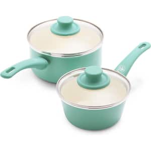 4-Piece Aluminum Ceramic Nonstick 1 qt. and 2 qt. Sauce Pan Set in Turquoise with Glass Lids and Soft Grip Handles