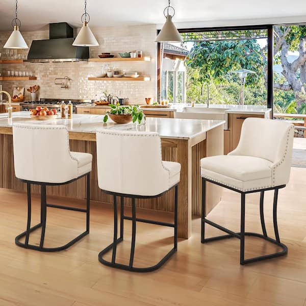 LUE BONA Aurora 26 in. Ivory Faux Leather Upholstered Counter Height Bar Stool with Metal Cushion Counter Stool Set of 3