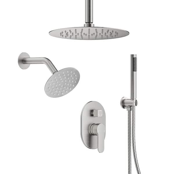 3-Spray 10 and 6 in. Dual Shower Heads Ceiling Mount and Handheld Shower Head in Brushed Nickel (Valve Included)