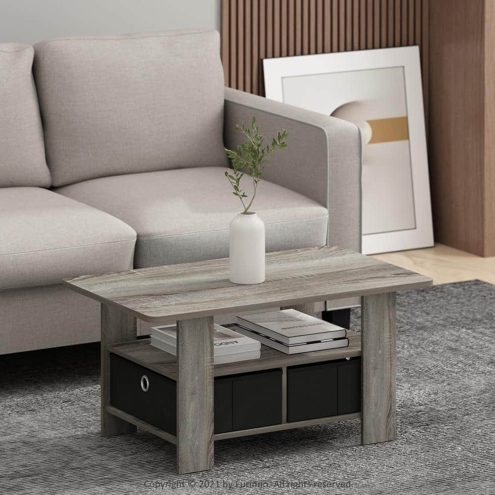 French Oak Gray and Black Wood Coffee Table with Storage Bins