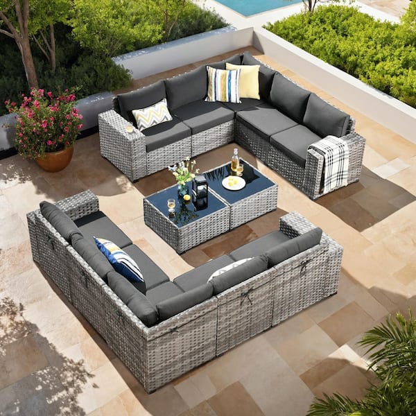Beatrice 12-Piece Wicker Outdoor Sectional Set with Black Cushions