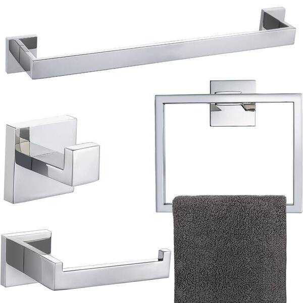 Dracelo 4-Piece Bath Hardware Set with Towel Ring Toilet Paper Holder Towel Hook and 23.6 in. Towel Bar in Polished Chrome