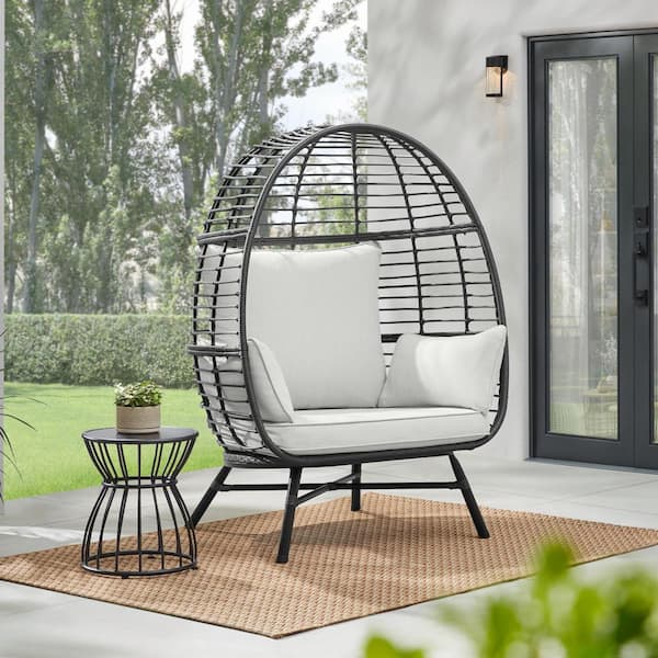 Hampton Bay Black Wicker Outdoor Dome Egg Chair with CushionGuard Shadow Gray Cushion