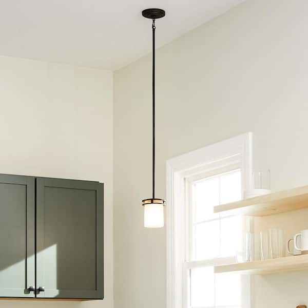 Hendrik 7.5 in. 1-Light Olde Bronze Contemporary Shaded Kitchen Mini Pendant Hanging Light with Umber Etched Glass