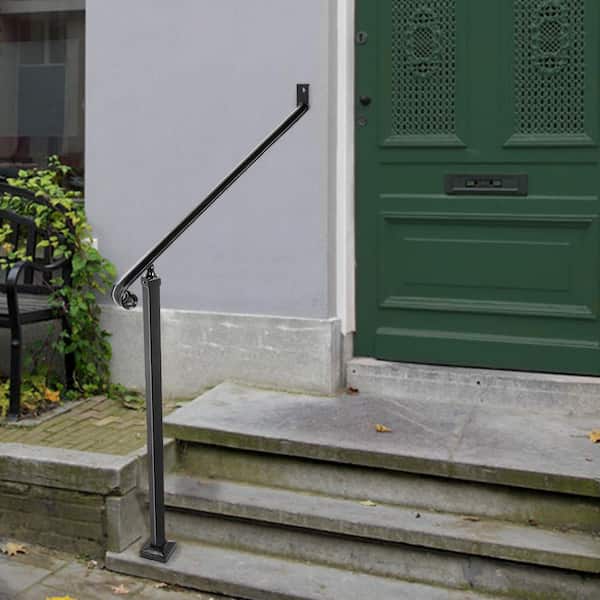 Handrails for Outdoor Steps 2-3 Step Single Post Handrail Wrought Iron Handrail for Steps, Black