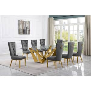 Meryl 9-Piece Rectangular Glass Top Gold Stainless Steel Dining Set With 8-Dark Grey Velvet Gold Stainless Steel Chairs