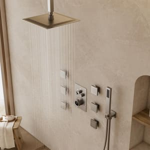Triple Handles 7-Spray Patterns Shower Faucet 12 in. Shower Head with 6-Jets in Brushed Nickel (Valve Included)