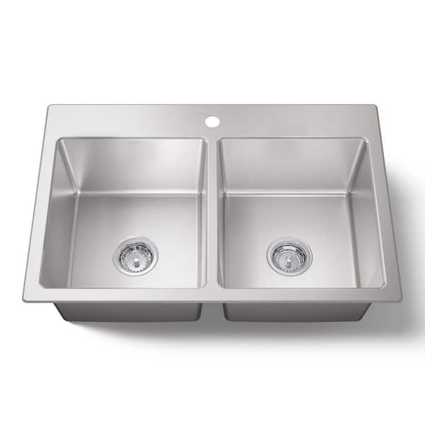 Cursiva Stainless Steel 33 in. Double Bowl Drop-in Kitchen Sink