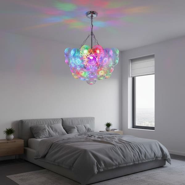 1-Light Nickel Bubble Ball Glass Integrated LED Chandelier, RGBCW Dimmable Glass Cluster Ceiling Light for Dining Room