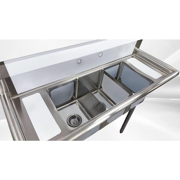 50 in. Freestanding Stainless Steel 3‑Compartment Commercial Sink With Drainboard