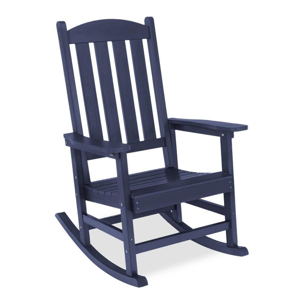 LUE BONA Navy Blue Plastic Adirondack Outdoor Rocking Chair with High ...
