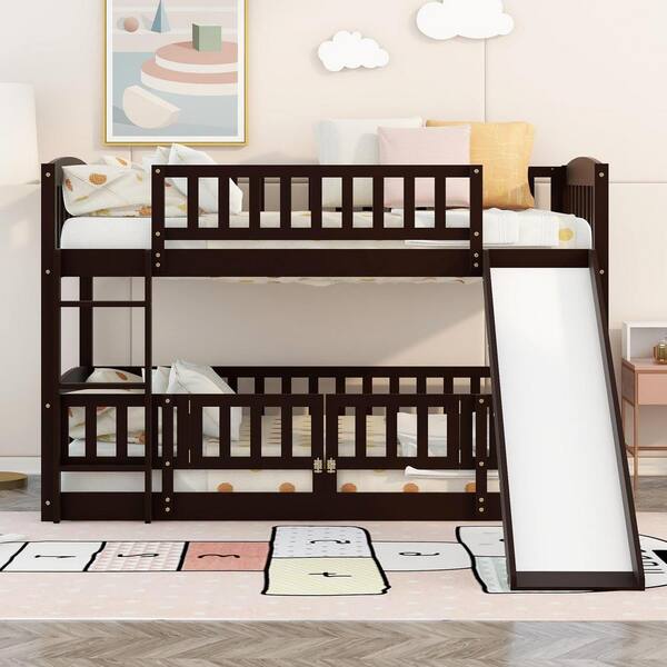 Espresso Twin Over Twin Bunk Bed with Slide, Wood Floor Bunk Bed Frame with Fence and Ladder for Toddler Kids Teens