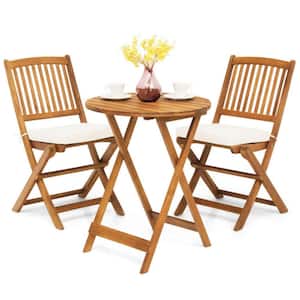 3-Piece Acacia Wood Patio Conversation Set Folding Bistro Set with White Padded Cushion and Round Coffee Table