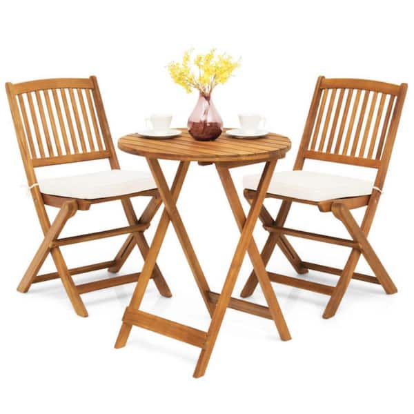 Clihome 3-Piece Acacia Wood Patio Conversation Set Folding Bistro Set with White Padded Cushion and Round Coffee Table