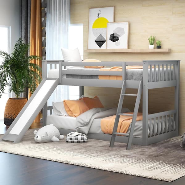 Qualler Gray Twin Over Twin Bunk Bed with Slide and Ladder