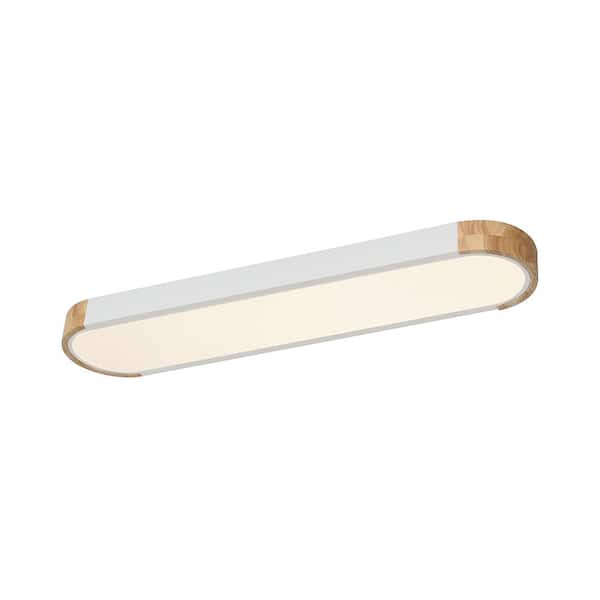 HUOKU Lumin 38 in. 1-Light White Integrated LED Flush Mount Minimalist Long Oval Wood Ceiling Light Warm Light 3000K