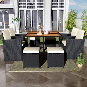 9-Piece Wicker Outdoor Dining table Set with wooden tabletop black rattan plus beige Cushions