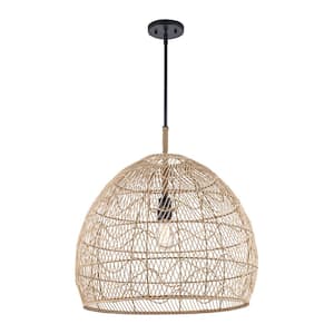 Reef 23 in. 1-Light Black Pendant Light Fixture with Woven Rattan Basket Shade