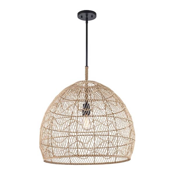 Bel Air Lighting Reef 23 in. 1-Light Black Pendant Light Fixture with Woven Rattan Basket Shade