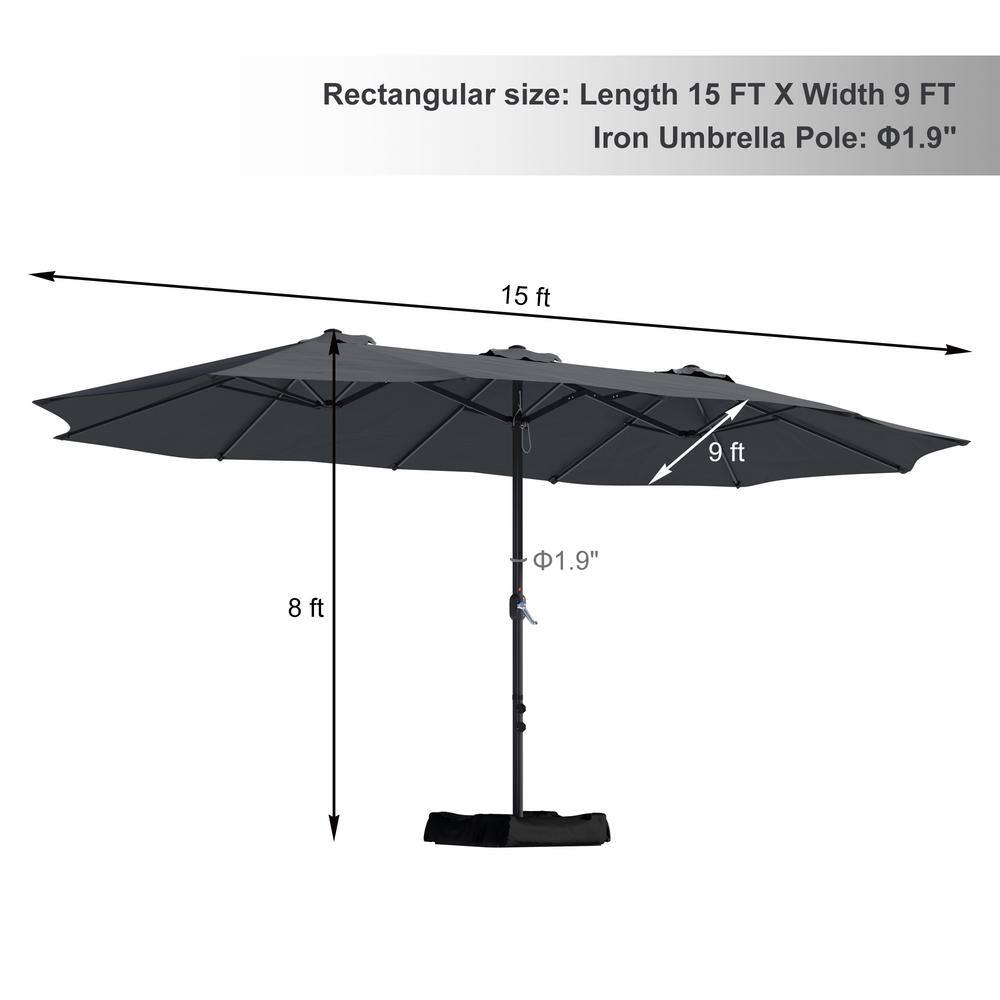 15 Ft Dark Gray Steel Market Patio Umbrella with Base