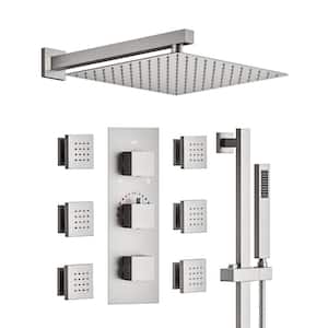 Thermostatic Valve 5-Spray 12 in. Square Shower Head High Pressure Shower System with Hand Shower in Brushed Nickel