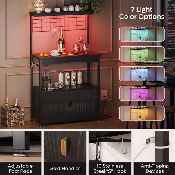Black 3-Shel Metal and Wood 31.5 in. W Baker's Rack with LED Light, Storage Cabinet and 10 S-Hooks