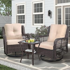 3-Piece Wicker Outdoor Rocking Chair Patio Conversation Set Swivel Chairs with Beige Cushions and Side Table