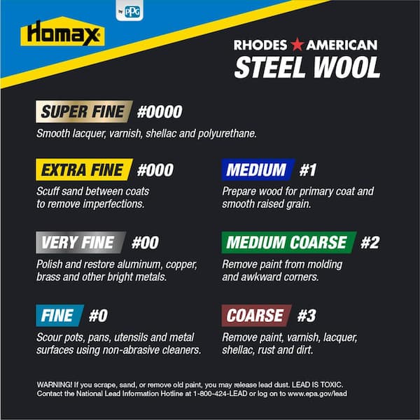 Final Finish Grade #0000 Rhodes American 12 pad Homax Steel Wool 