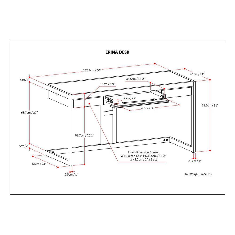 Erina 60" Distressed Grey Acacia Wood Desk with Metal Frame