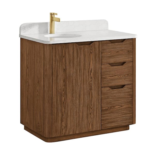 Abuja 36 in. W x 22 in. D x 33.9 in. H Single Bath Vanity in Oak Weathered Brown with White Engineered Stone Top