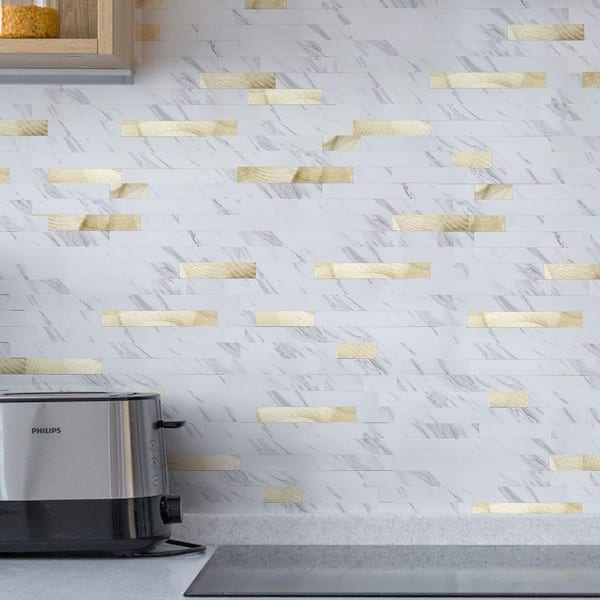 White Slate with Gold Studded 11.8 in. x 13.4 in. PVC Peel Stick Tile for Kitchen Bathroom Fireplace (10 sq.ft./ Box)