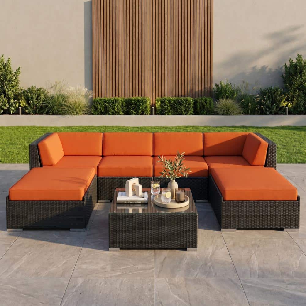 Ohana Black 7-Piece Wicker Patio Seating Set with Sunbrella Tuscan Cushions