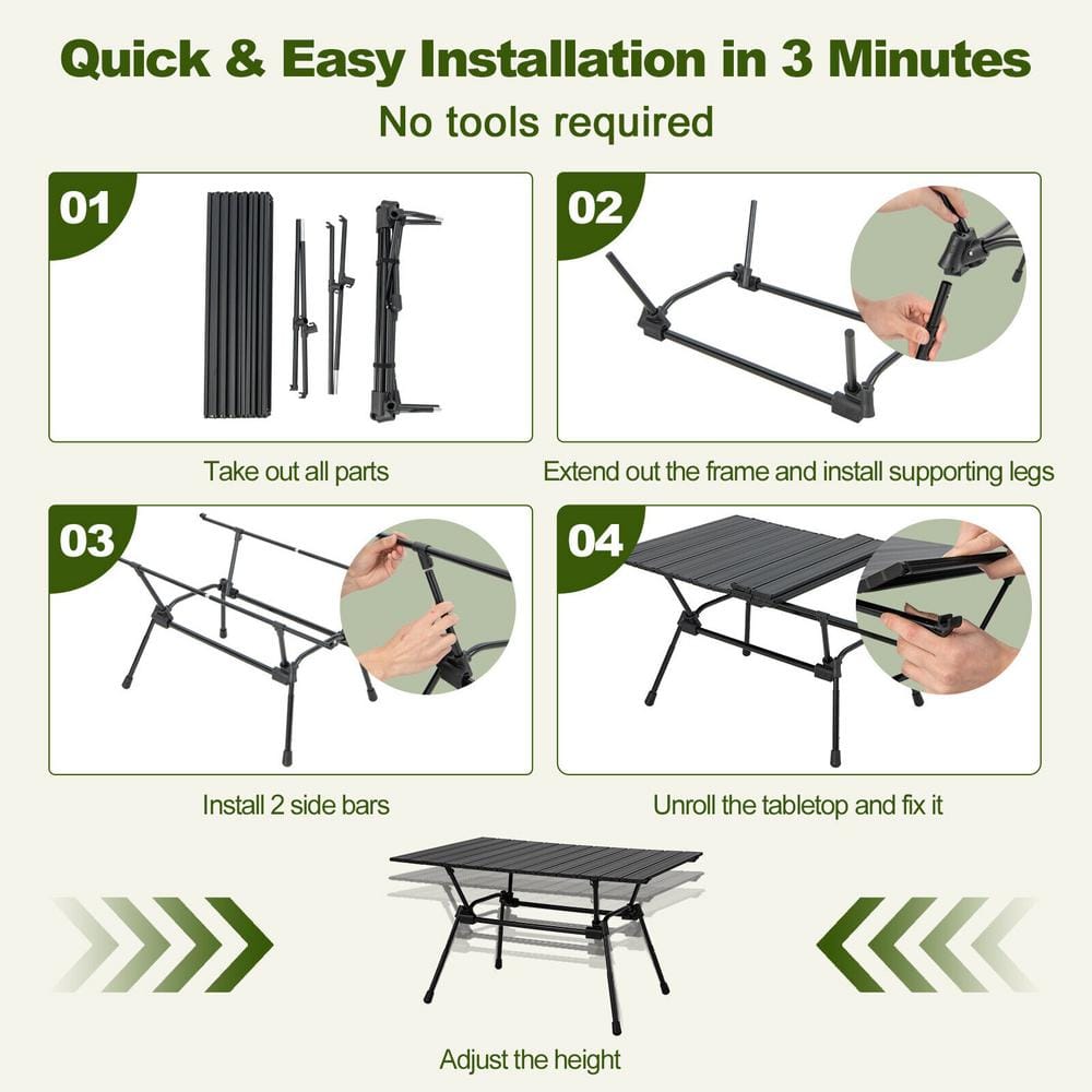 Black Adjustable Aluminum Folding Camping Table with Carrying Bag
