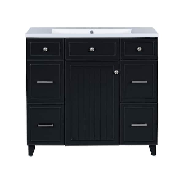 36 in. Single Sink Freestanding Black Bath Vanity with White Resin Top, Adjustable Shelves