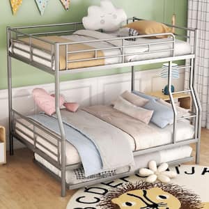 Detachable Silver Full XL over Queen Metal Bunk Bed with Trundle, Built-in Ladder