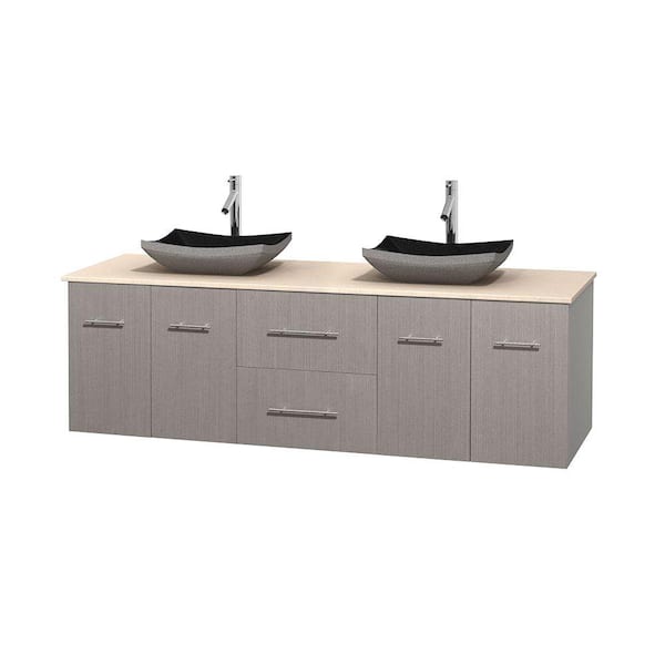 Wyndham Collection Centra 72 in. Double Vanity in Gray Oak with Marble Vanity Top in Ivory and Black Granite Sinks