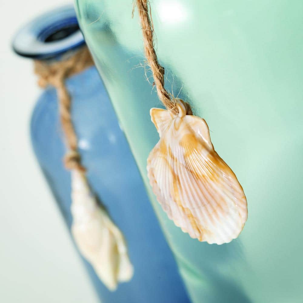 Sea-Blue Glass Bottle Vase Set with Jute and Seashell Accents