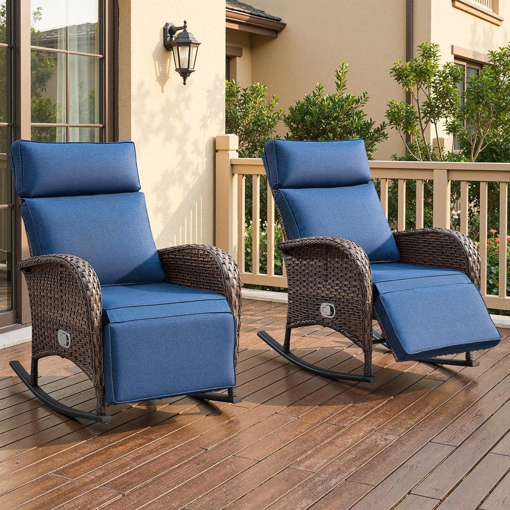 Luna 2-Piece Brown Wicker Outdoor Adjustable Rocker Recliner Chair with Navy Blue Cushions price history on PriceWatchPro