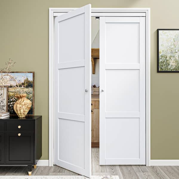 48 in. x 80 in. Solid Core Composite MDF Bi-fold Door French Style Pivot Hardware (3-Lite White Finish)