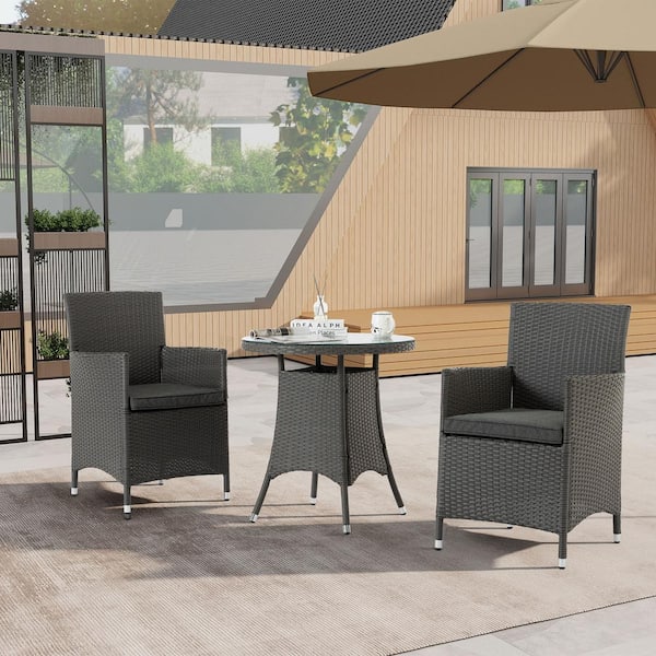 Tunearary 3-Piece Wicker Round Tempered Glass Tabletop Outdoor Dining Set with Grey Cushions
