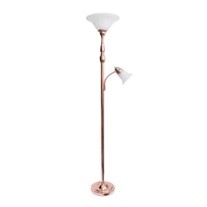 71 in. Rose Gold Torchiere Floor Lamp with 1 Reading Light and White Marble Glass Shades