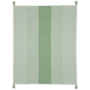 Radiant Green/White Hand-Woven Striped Contemporary Organic Cotton Throw Blanket