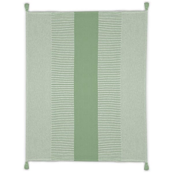 LR Home Radiant Green/White Hand-Woven Striped Contemporary Organic Cotton Throw Blanket