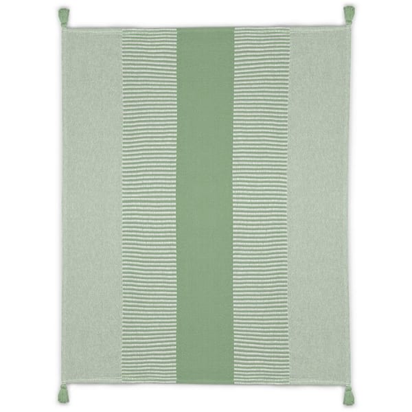 Unbranded Radiant Green/White Hand-Woven Striped Contemporary All Natural Cotton Throw Blanket
