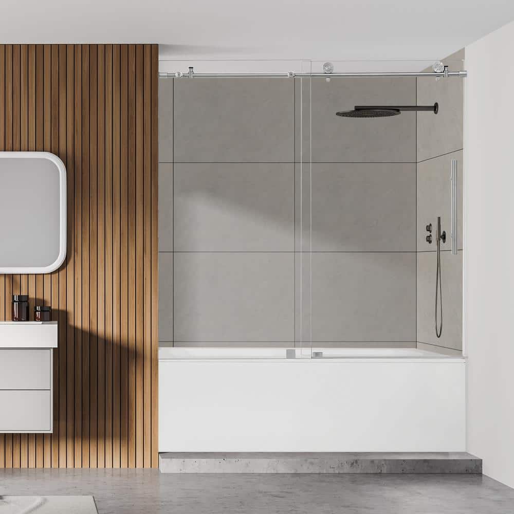 Lazaro 60" Brushed Nickel Frameless Sliding Tub Door with Clear Glass